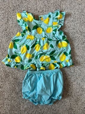 Janie and Jack Aqua Top and Bloomer Set with Yellow Lemon Print